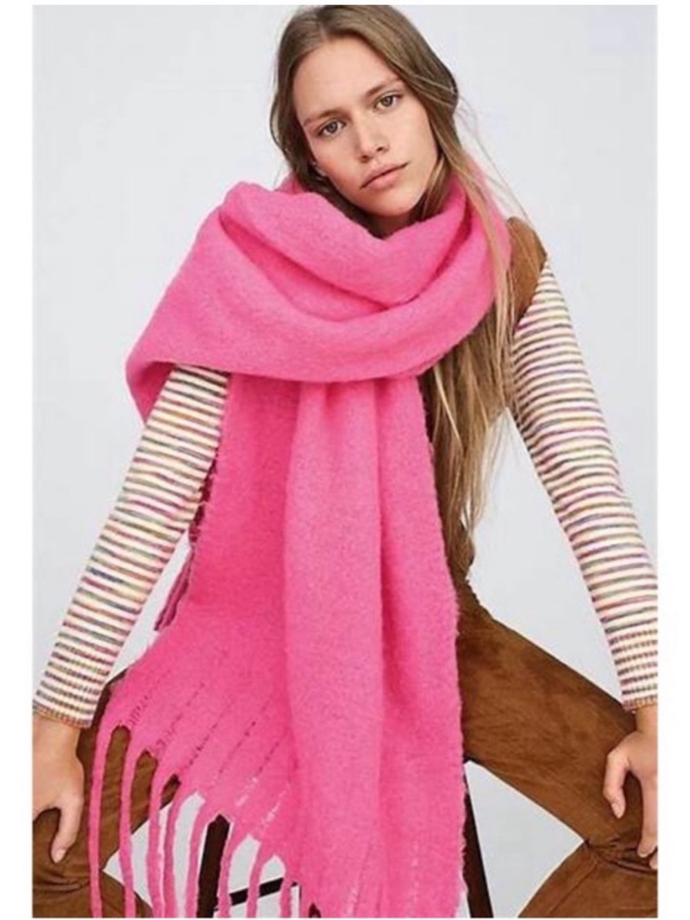 Anthropologie oversized pink fringe scarf